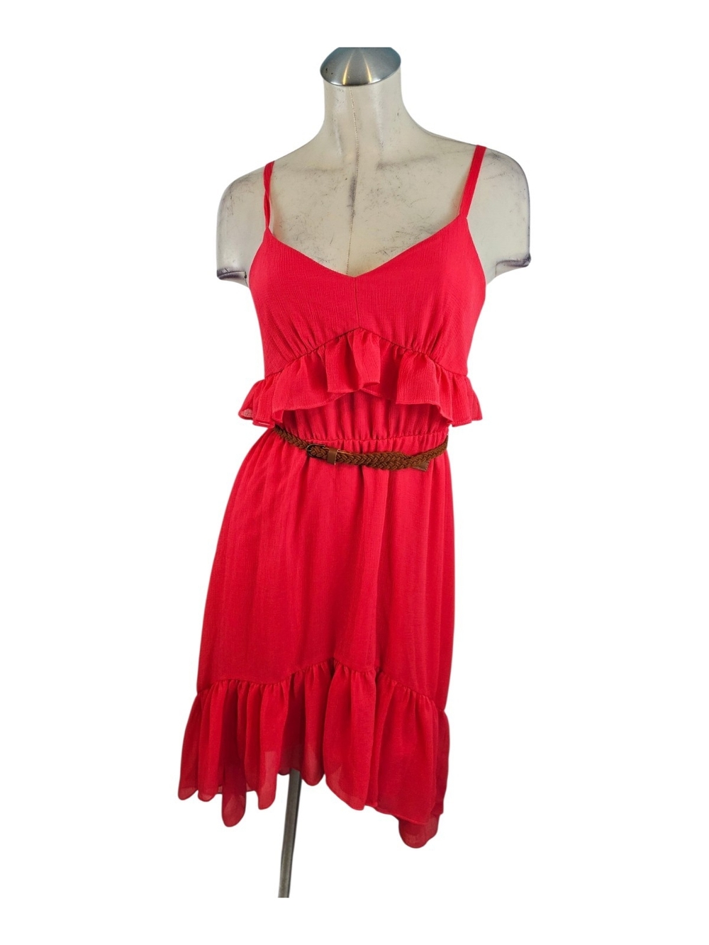 Calvin Klein Pink Size 4 Ruffled High-Low Chiffon Dress Belted